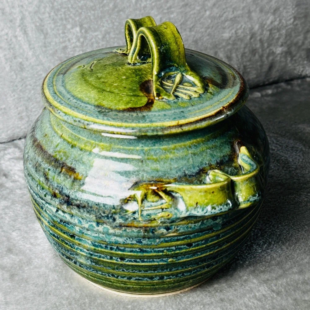 Studio Pottery Lidded Canister Green Brown Glaze Rustic Stoneware Crock Tureen
